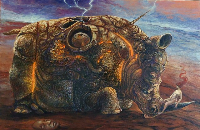 Living room painting by Krzysztof Krawiec titled Rhino's dreams