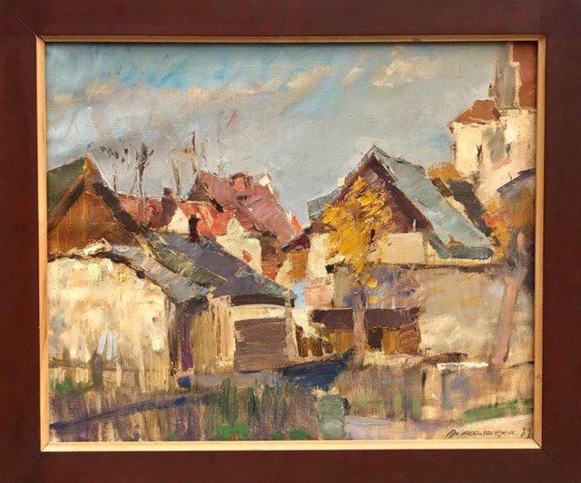 Living room painting by Andrzej Kołodziejek titled Village's landscape