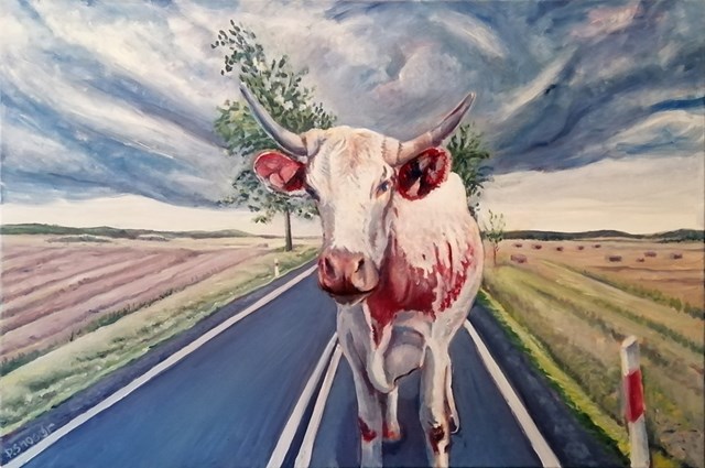 Living room painting by Piotr Smogór titled cow on DK8
