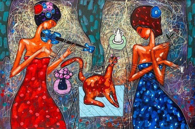 Living room painting by Wiktor Bezrukow titled Violin Serenade