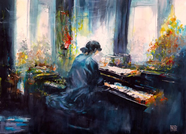 Living room painting by Radosław Kuźmiński titled Chopin in Paris