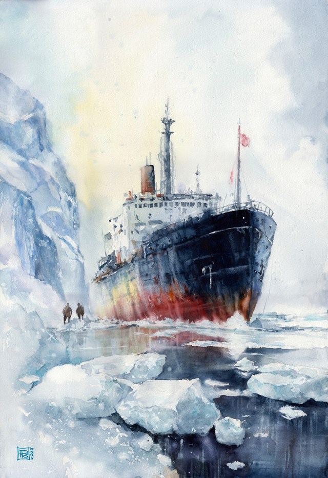 Living room painting by Radosław Kuźmiński titled Ice expedition