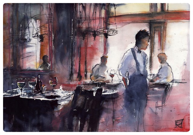 Obraz do salonu artysty Radosław Kuźmiński pod tytułem Scena w restauracji. 