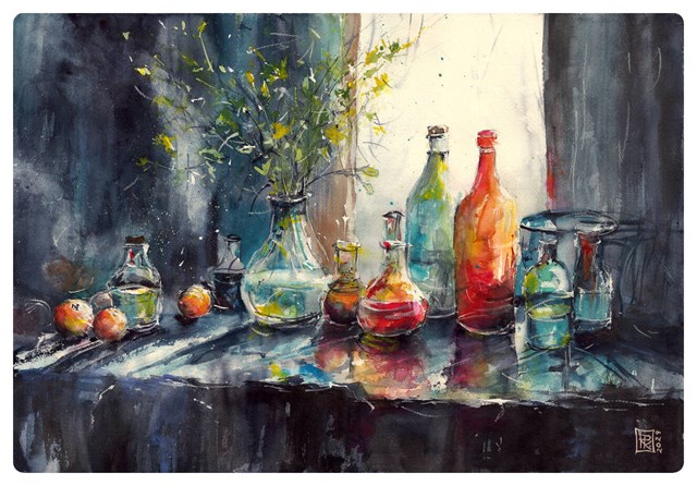 Living room painting by Radosław Kuźmiński titled Glass still life