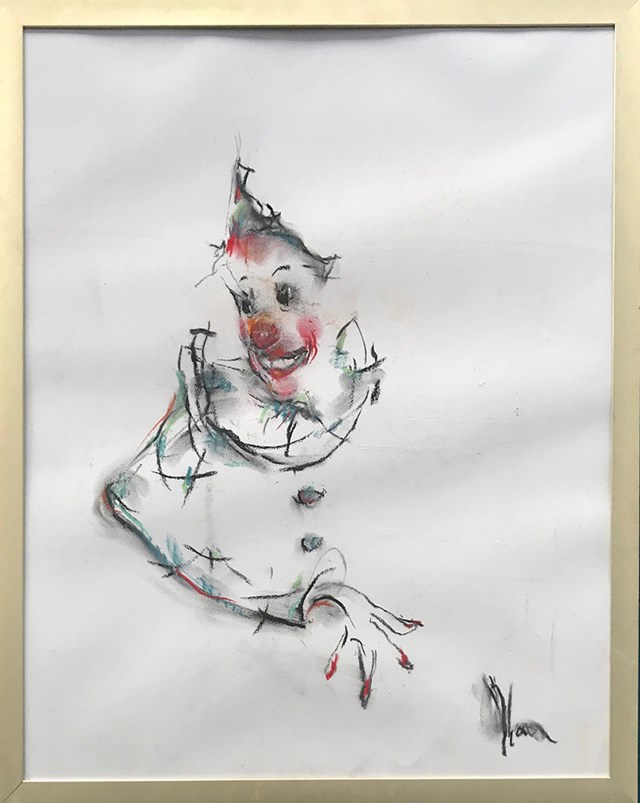 Living room painting by Bożena Wahl titled Happy Clown 2