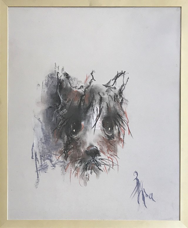 Living room painting by Bożena Wahl titled Portrait of a dog -without a title II