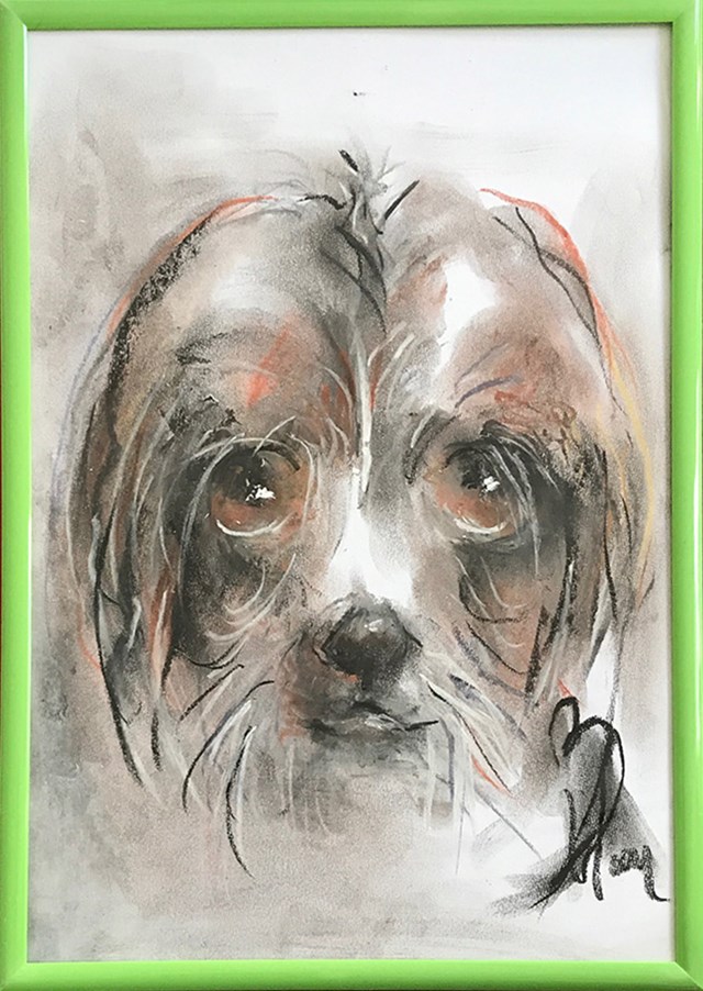 Living room painting by Bożena Wahl titled Untitled- dog portrait 8