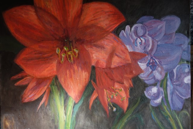 Living room painting by Adam Job titled Amaryllis and orchid