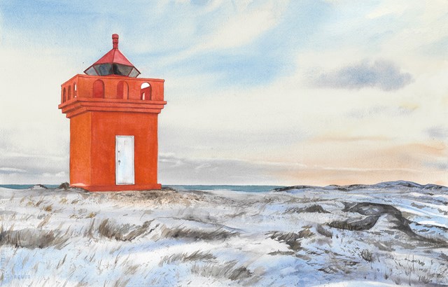 Living room painting by Tetiana Koda titled Orange Icelandic Lighthouse