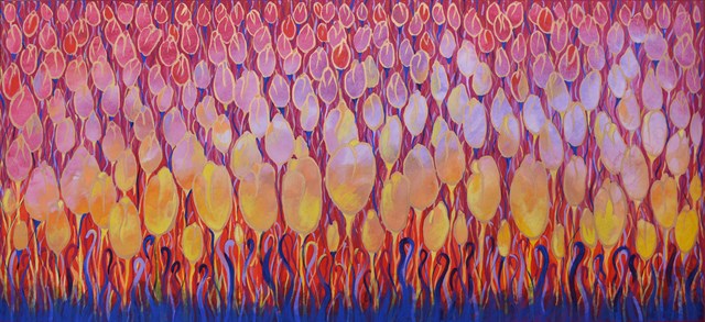 Obraz do salonu artysty Beata Gaudy pod tytułem Tulipany w czerwieni.