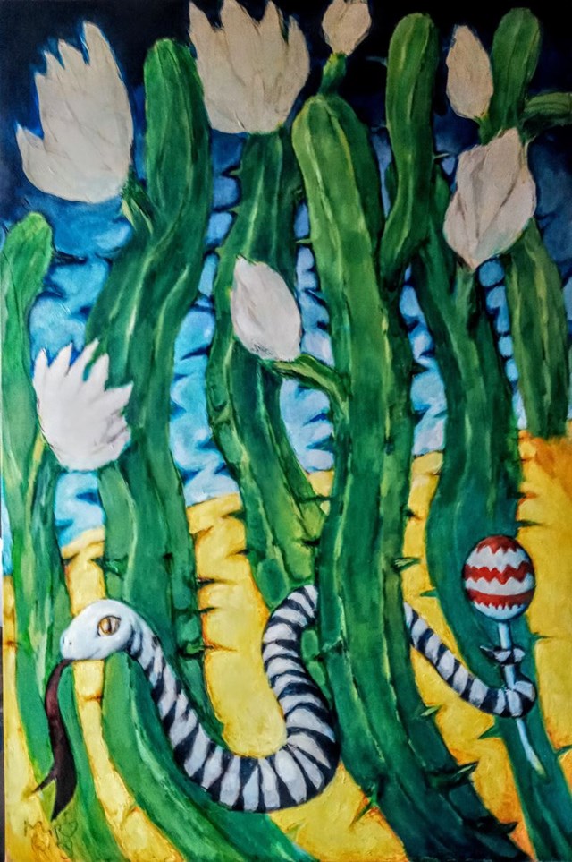 Obraz do salonu artysty Miro Biały pod tytułem Grzechotnik wśród kaktusów