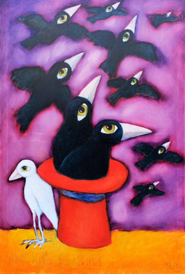 Living room painting by Miro Biały titled Black birds + albinos