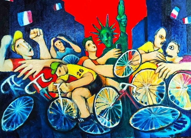Living room painting by Miro Biały titled COLLISION AT THE TOUR DE FRANCE