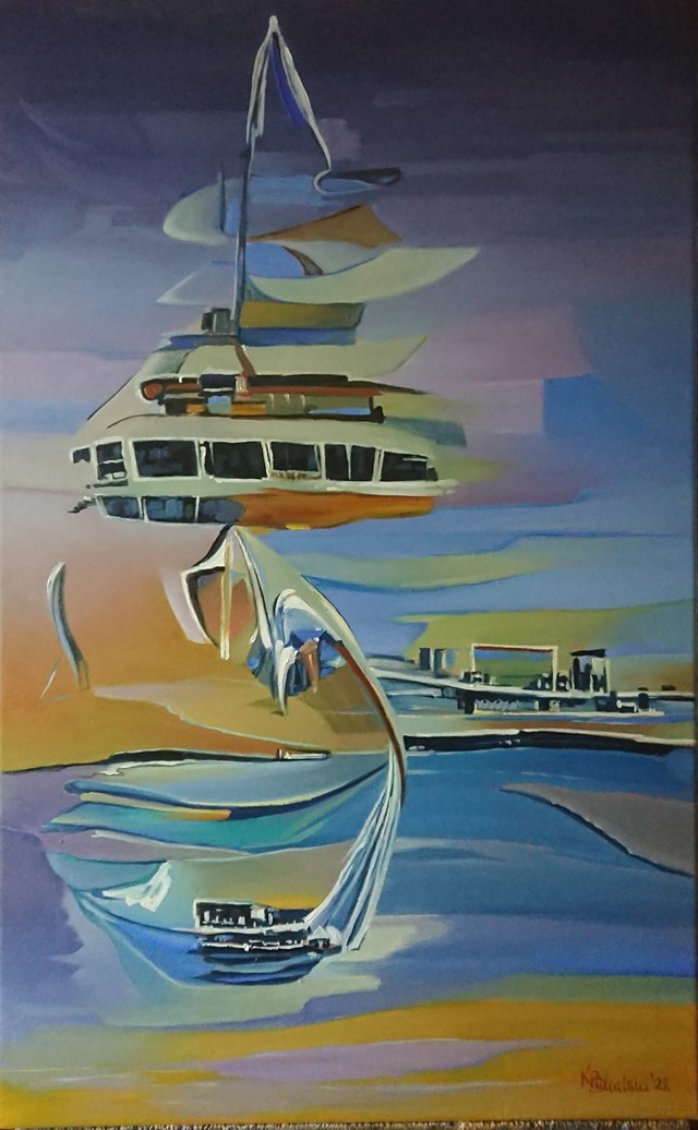 Living room painting by Chris Bukalski titled Yachts bay