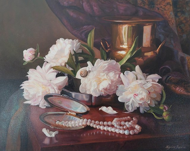 Living room painting by Zbigniew Kopania titled Still life with the pearls