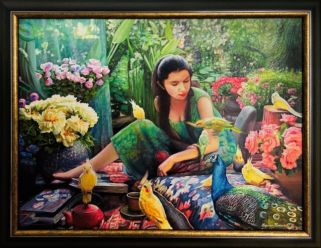 Living room painting by Zbigniew Kopania titled The girl with parrots
