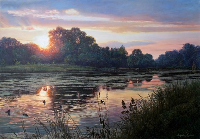 Living room painting by Zbigniew Kopania titled Sunset on the river