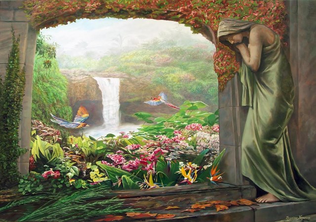 Living room painting by Zbigniew Kopania titled garden of Eden