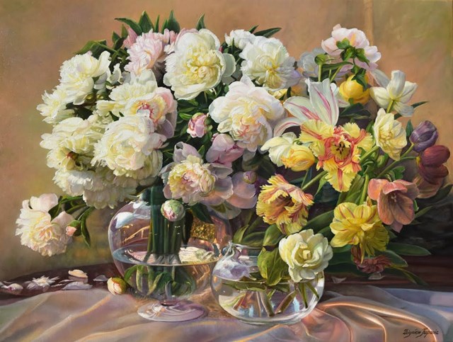 Obraz do salonu artysty Zbigniew Kopania pod tytułem Martwa natura z peoniami i tulipanami