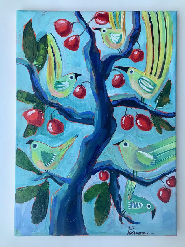 Obraz do salonu artysty Hanna Pushkarova pod tytułem Ptaki na wiśniowym drzewie