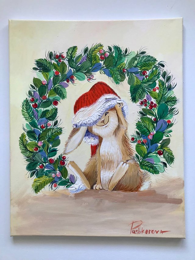 Living room painting by Hanna Pushkarova titled Christmas Bunny