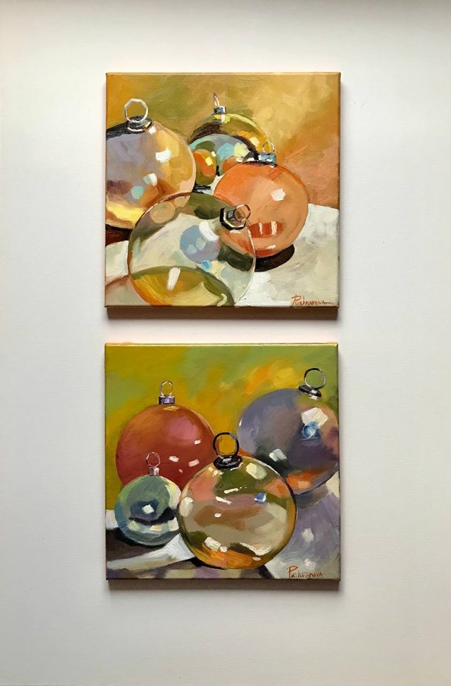 Living room painting by Hanna Pushkarova titled Diptych. Christmas balls.