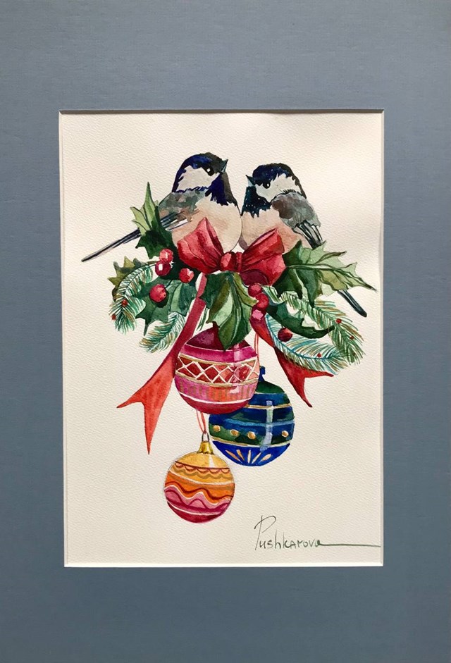 Living room painting by Hanna Pushkarova titled festive bouquet with birds and Christmas balls