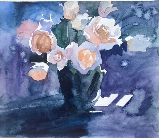 Obraz do salonu artysty Hanna Pushkarova pod tytułem Białe róże. Wieczór martwa natura.