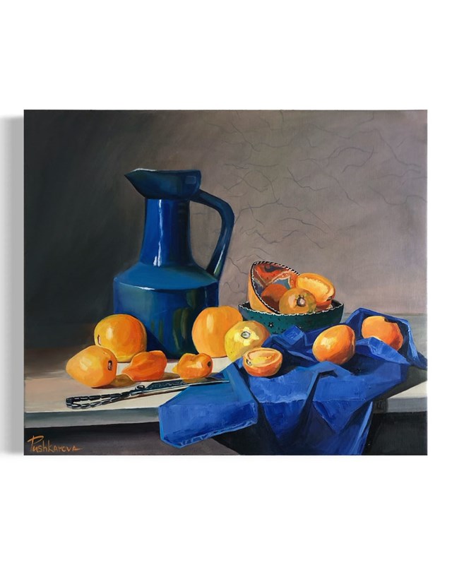 Living room painting by Hanna Pushkarova titled yellow tomatoes on the table