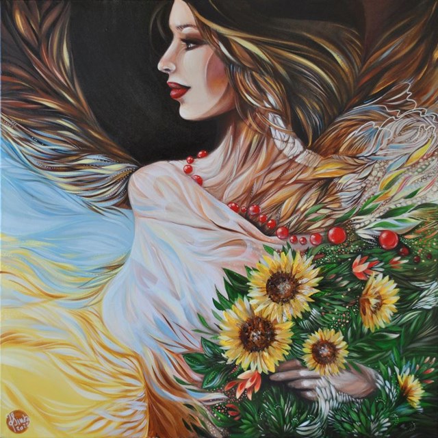 Living room painting by Anita Zofia Siuda titled Daughter of the sun