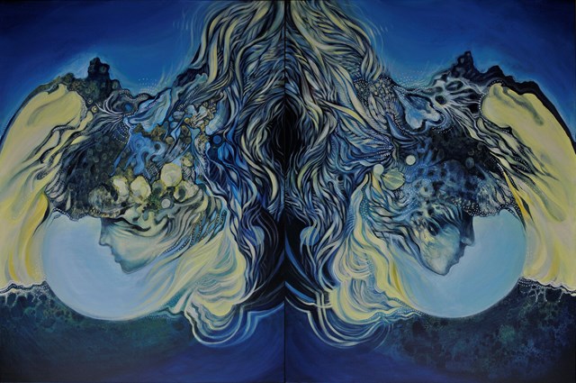Living room painting by Anita Zofia Siuda titled Parallel worlds, diptych
