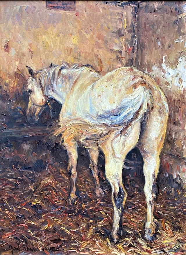 Living room painting by Jan Pawłowski titled Horse in the stable