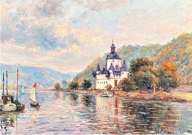 Living room painting by Jan Pawłowski titled River landscape