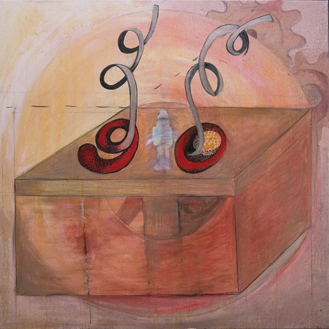 Living room painting by Aleksandra Szempruch titled Visible_ Toys_2024_ Oil on Canvas_100x100_ Series Visible Invisible