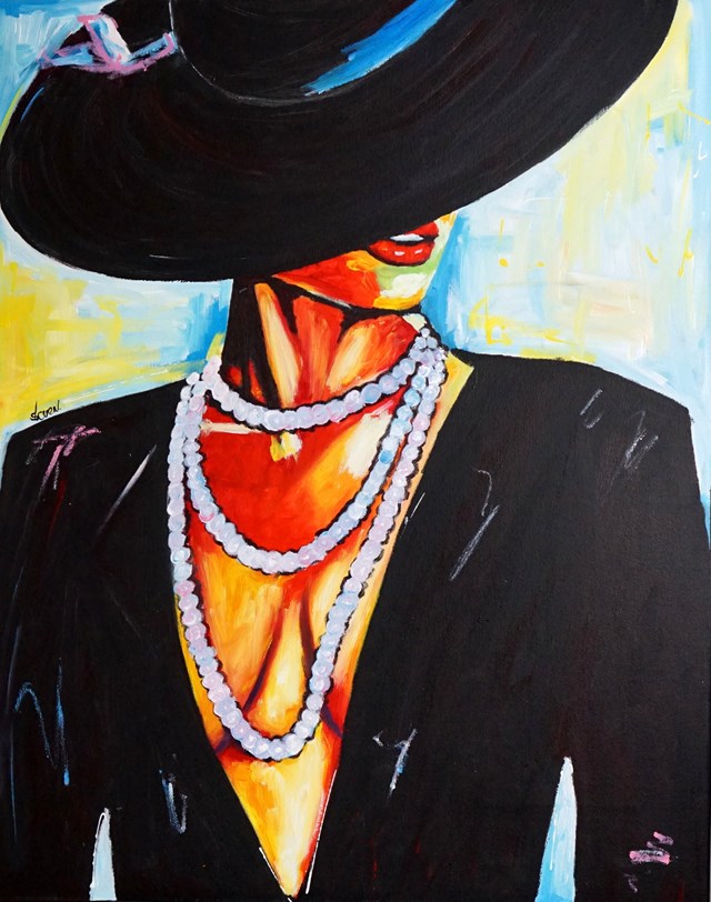 Living room painting by Rafal Stach titled Lady in Pink Necklace