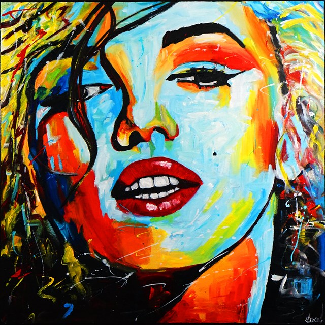 Living room painting by Rafal Stach titled Blue Marilyn Monroe