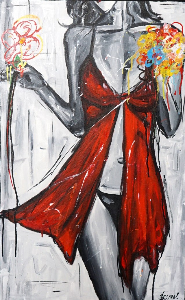 Living room painting by Rafal Stach titled Girl with a bouquet
