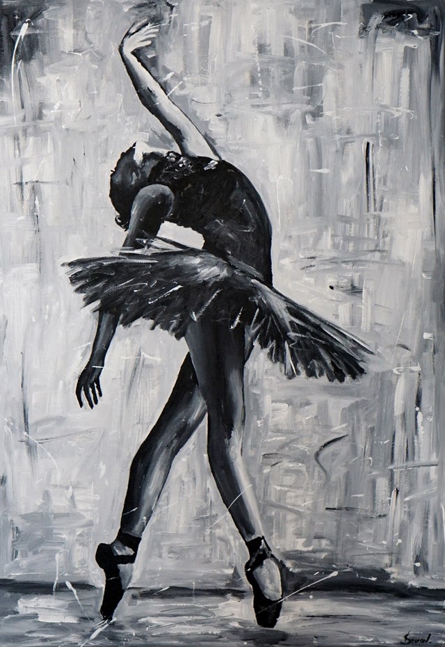 Living room painting by Rafal Stach titled Swan dance 