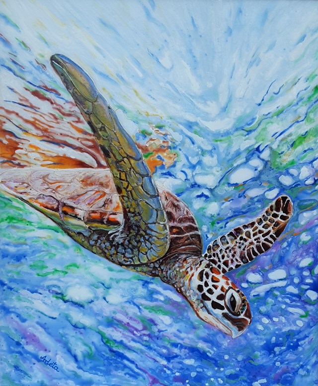 Living room painting by Arleta Prentice titled Turtle in deep water 