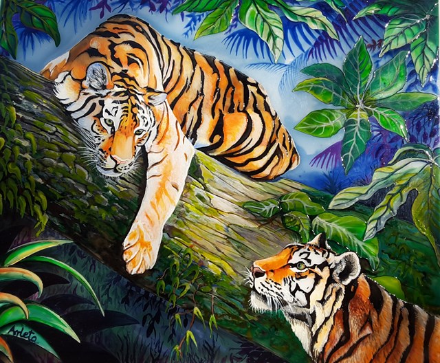 Living room painting by Arleta Prentice titled Two tigers