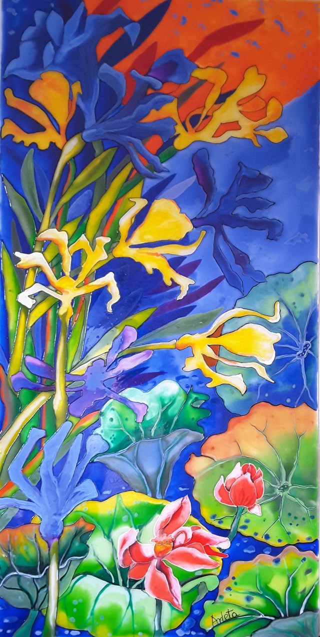 Living room painting by Arleta Prentice titled Yellow irises
