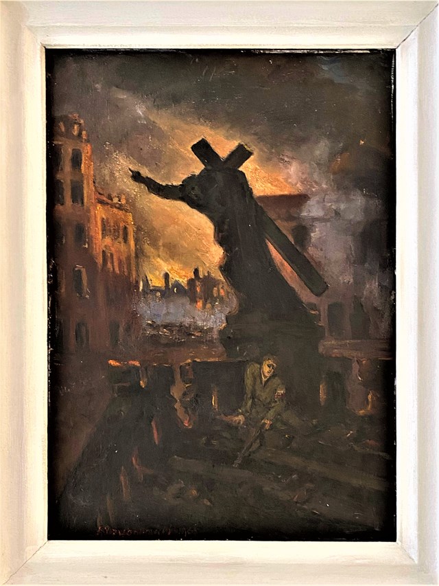 Living room painting by Aleksander Dzwonkowski titled Warsaw on Fire!