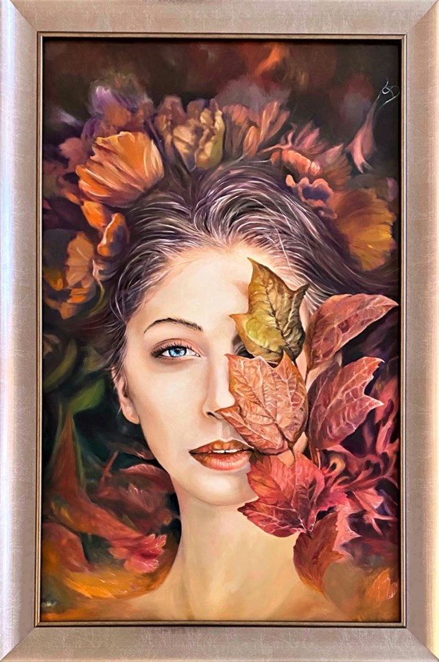 Living room painting by Andrzej Sajewski titled Autumn girl