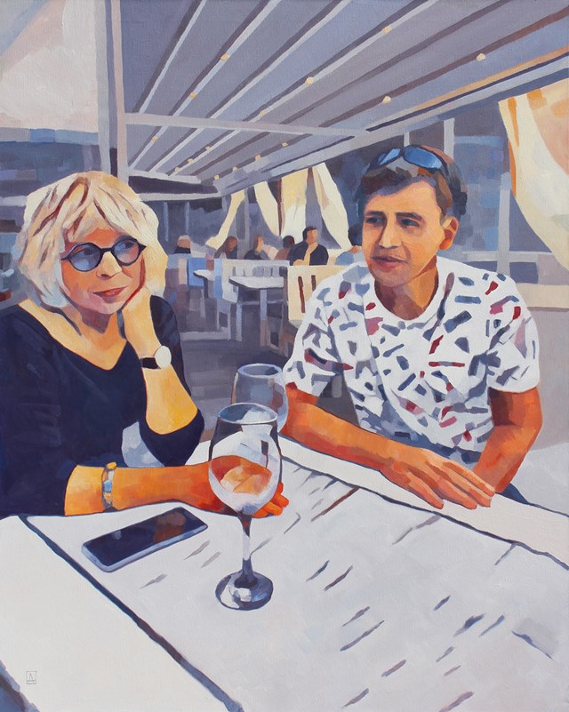 Living room painting by Andrzej Tuźnik titled  Let's philosophize on Lake Como