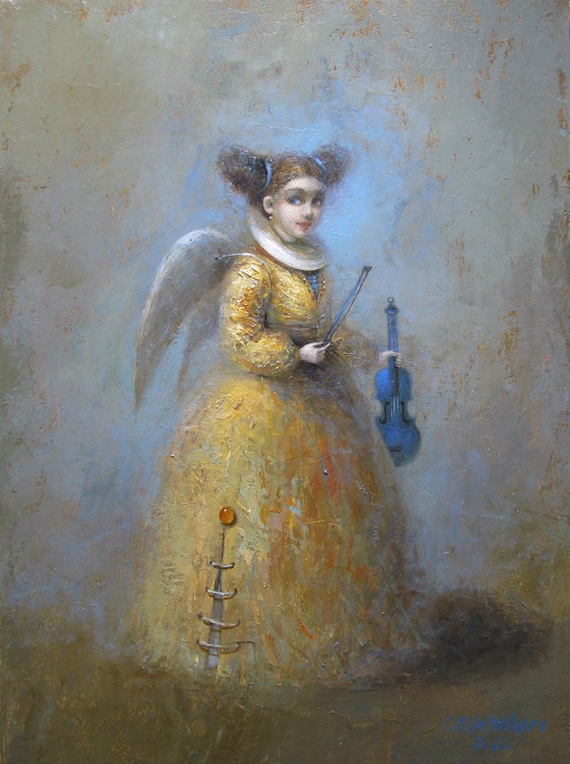 Living room painting by Olena Matsehora titled Angel with a blue violin