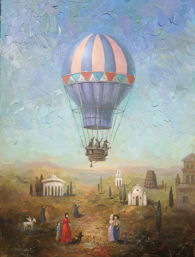 Living room painting by Olena Matsehora titled Ride in a hot air balloon. 