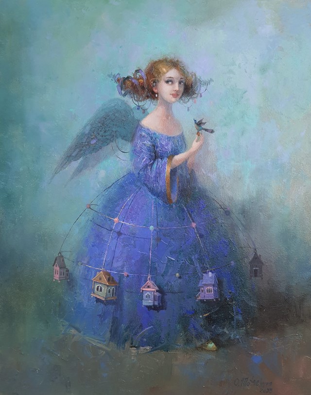 Living room painting by Olena Matsehora titled Angel in a blue dress. 