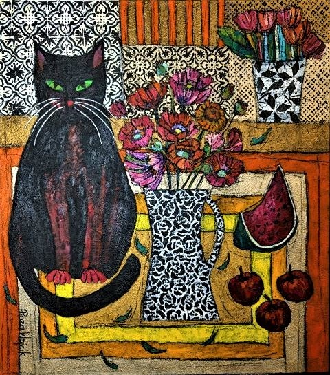 Obraz do salonu artysty Rozalia Wójcik pod tytułem Czarny kot i maki