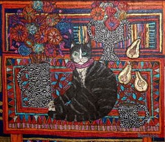 Living room painting by Rozalia Wójcik titled Kwiaty i kot 