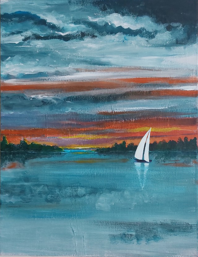 Living room painting by Kit Karewicz titled sailboat